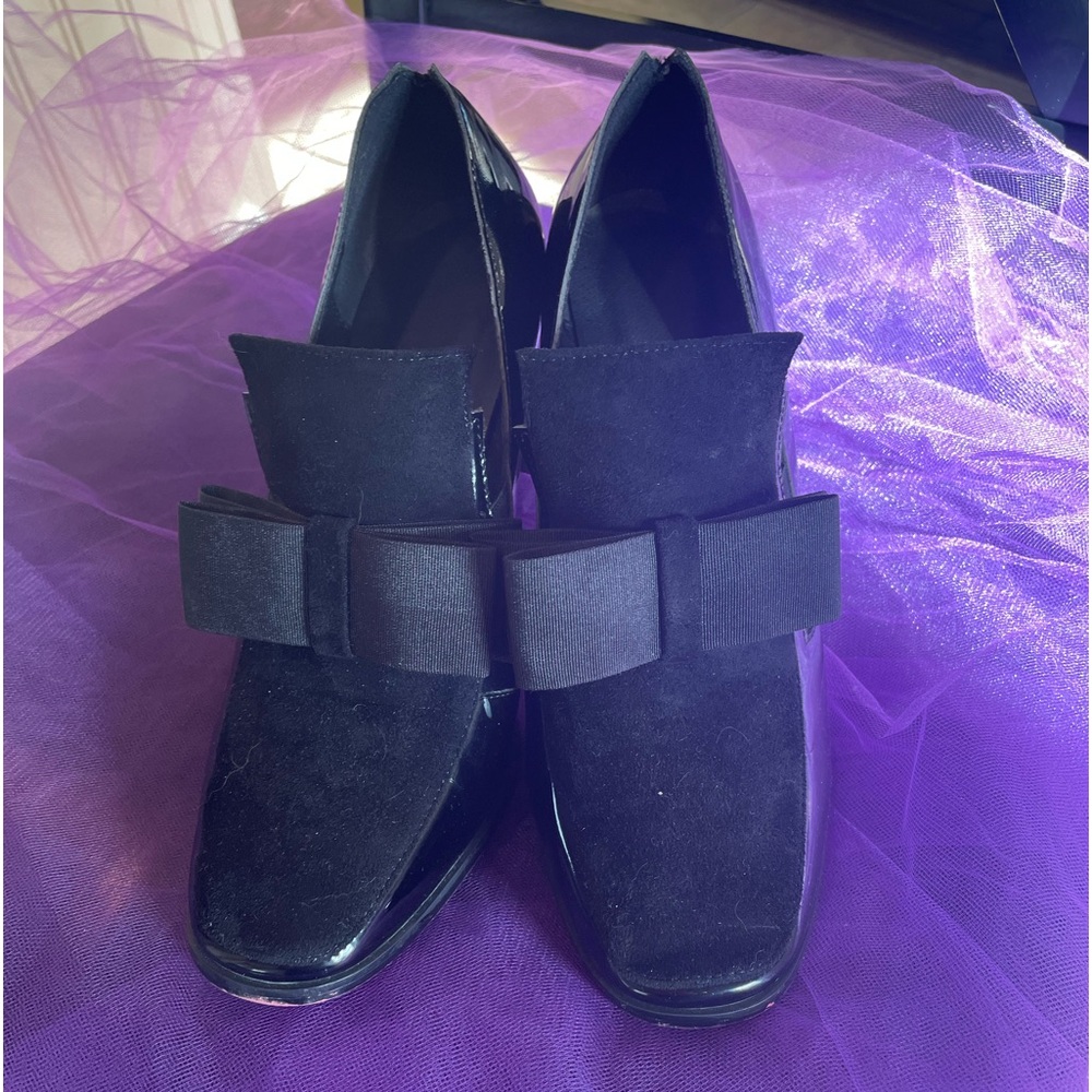 Pleather and micro suede heels with a bow